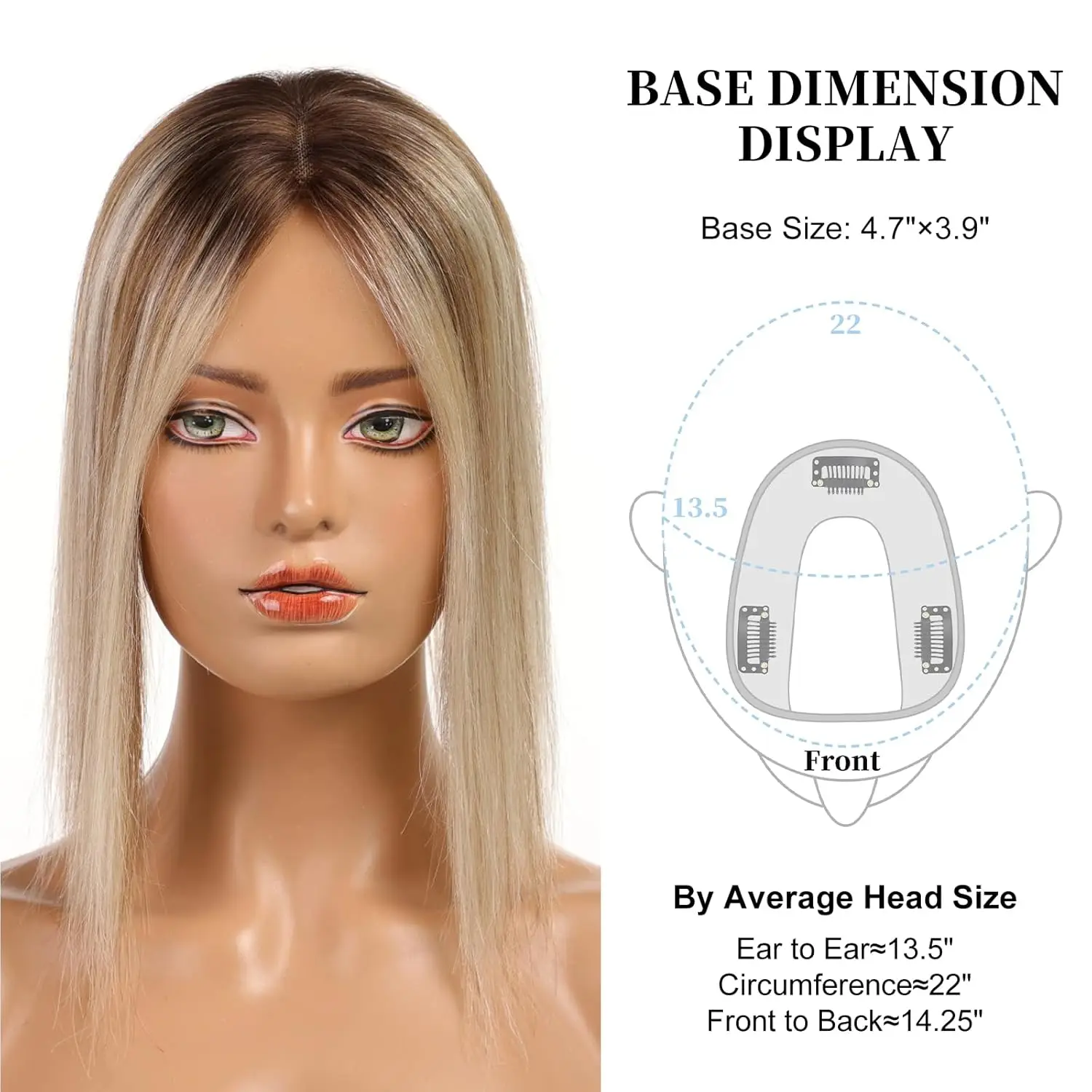 InjTop Base-Toppers de cheveux humains droits pour femmes, 3 clips, vrais cheveux humains, respirant, postiche blonde ombrée personnalisée