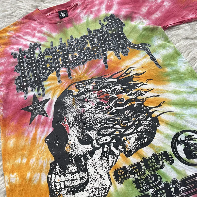 Hellstar Studios Ins Skeleton Head Tie Dye Unisex Short Sleeve T Shirt Youth Fashion Spring 2024 round Neck Basic Style view 4