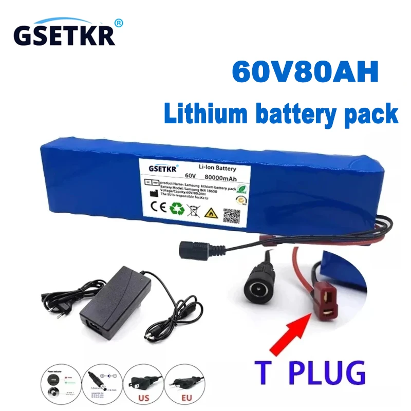 

18650 Lithium Battery Pack New 60V 80000mAH 80Ah 16S2P With BMS + 67.2V Charger