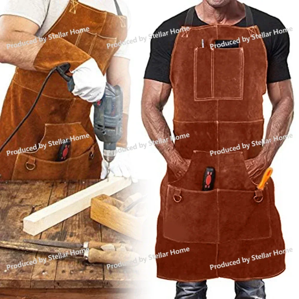 

60*90cm Leather Welding Apron with 6 Pockets Washable Heat Insulation Leather Welding Apron Soldering Protective Clothing