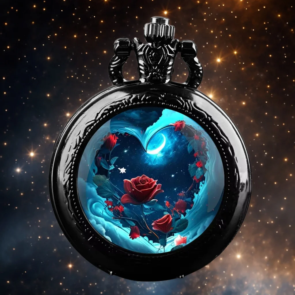 Red Rose Blue Starry Quartz Movement Pocket Watch,Stylish Black Necklace Chain,Classic Exquisite Gift Watch For Women Girls