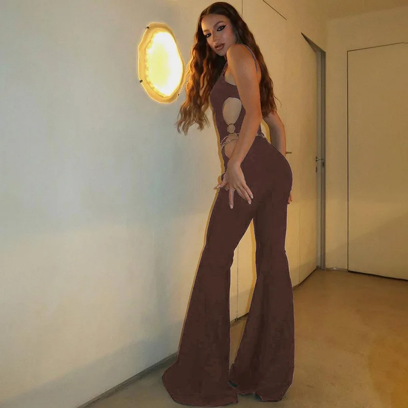 2025 Jumpsuits European and American New Women's Sexy Slim Fit Hollow-out Solid Color Suspender Jumpsuit Pants