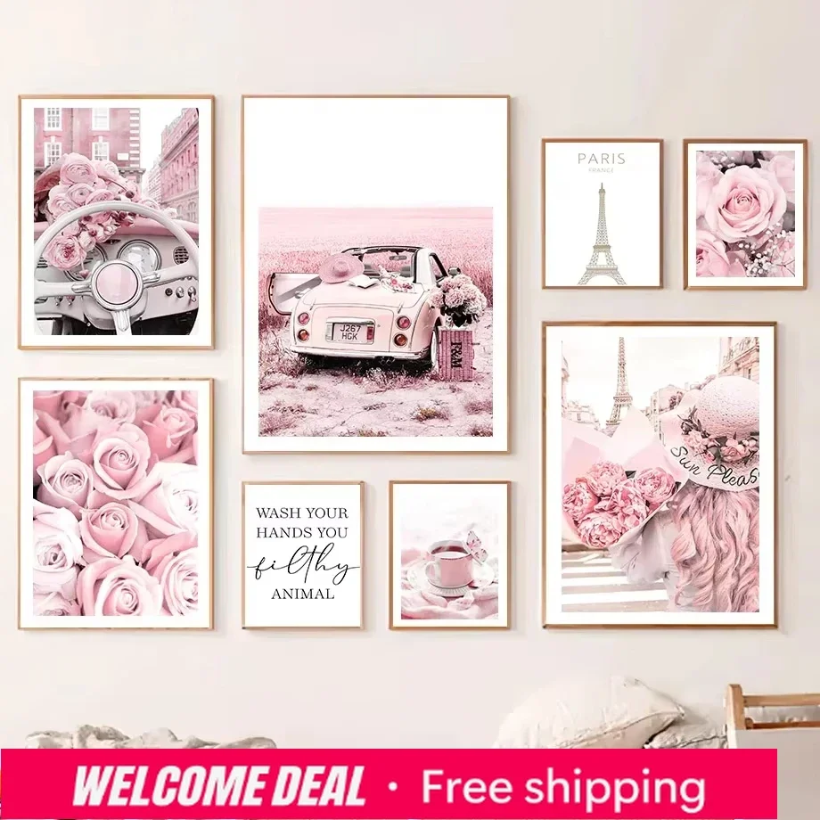 2026 1 Stück Rahmenloses Leinwandbild mit rosa Rose, Eiffelturm und Oldtimer – Vintage-Kunstposter für Wohnzimmer-Deko
