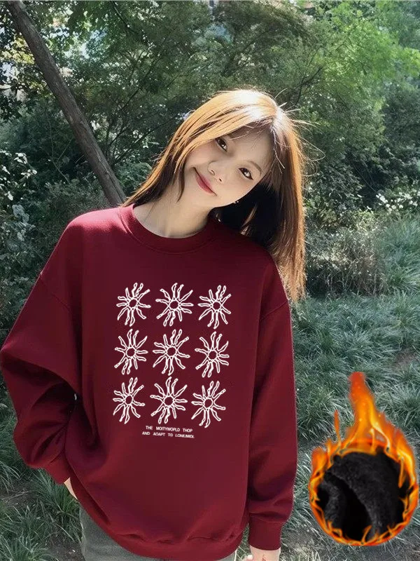 

plus Size American Street Style Wine Red Fleece Lined Hoodless Women's Long Sleeve round Neck Sweatshirt Trending 2026