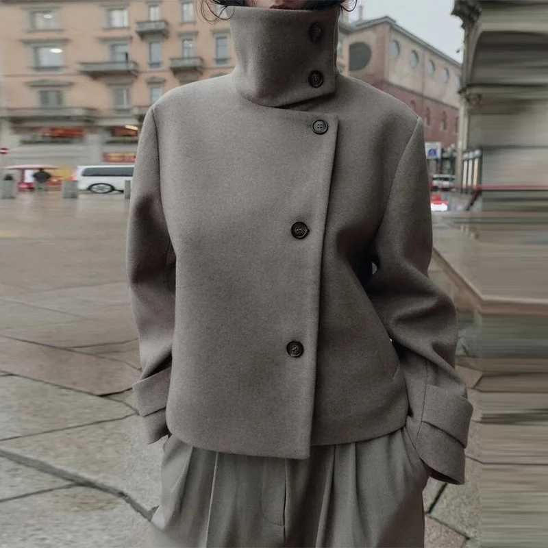 

Women Casual Solid Short Jackets Chic Long Sleeve Stand Collar Loose Coats 2025 Autumn Winter New Lady Commuting Outerwear