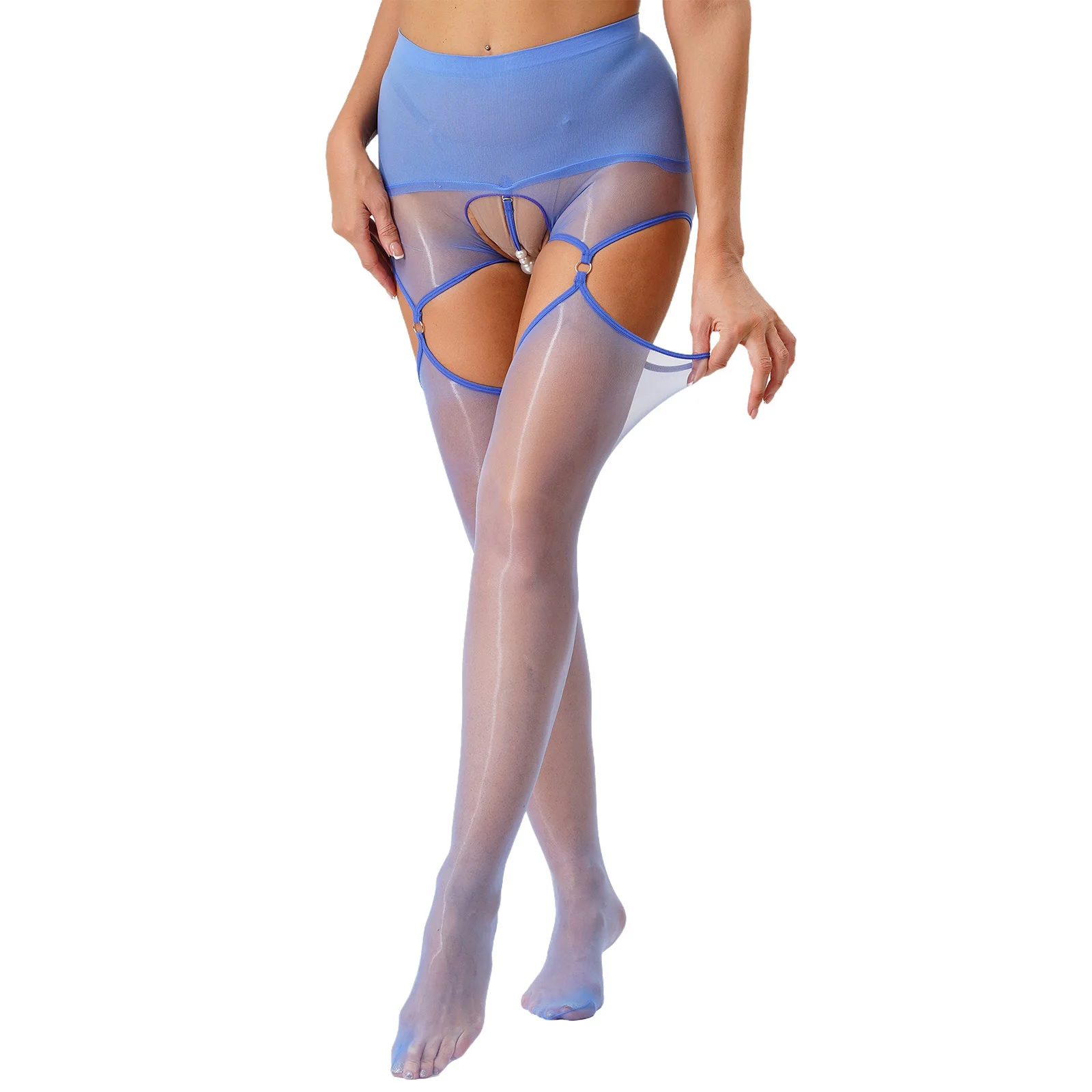 

Women Lingerie See Through Pantyhose Crotchless Open Butt with Detachable Faux Pearls Band Body-stockings Footed Leggings Tights