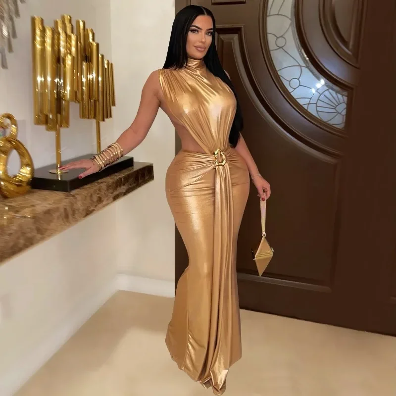 GUWU Frauen Vergoldung Ärmelloses Cut Out Bodycon Midi Maxi Langes Kleid 2025, Sommer Strand Urlaub Sexy Party Geburtstag Kleider