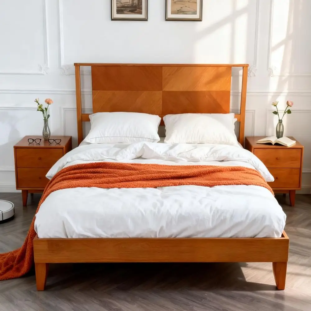 Vintage Large Solid Wood Platform Panel Bed - Suitable for Kids, Teens, and Adults, Brown