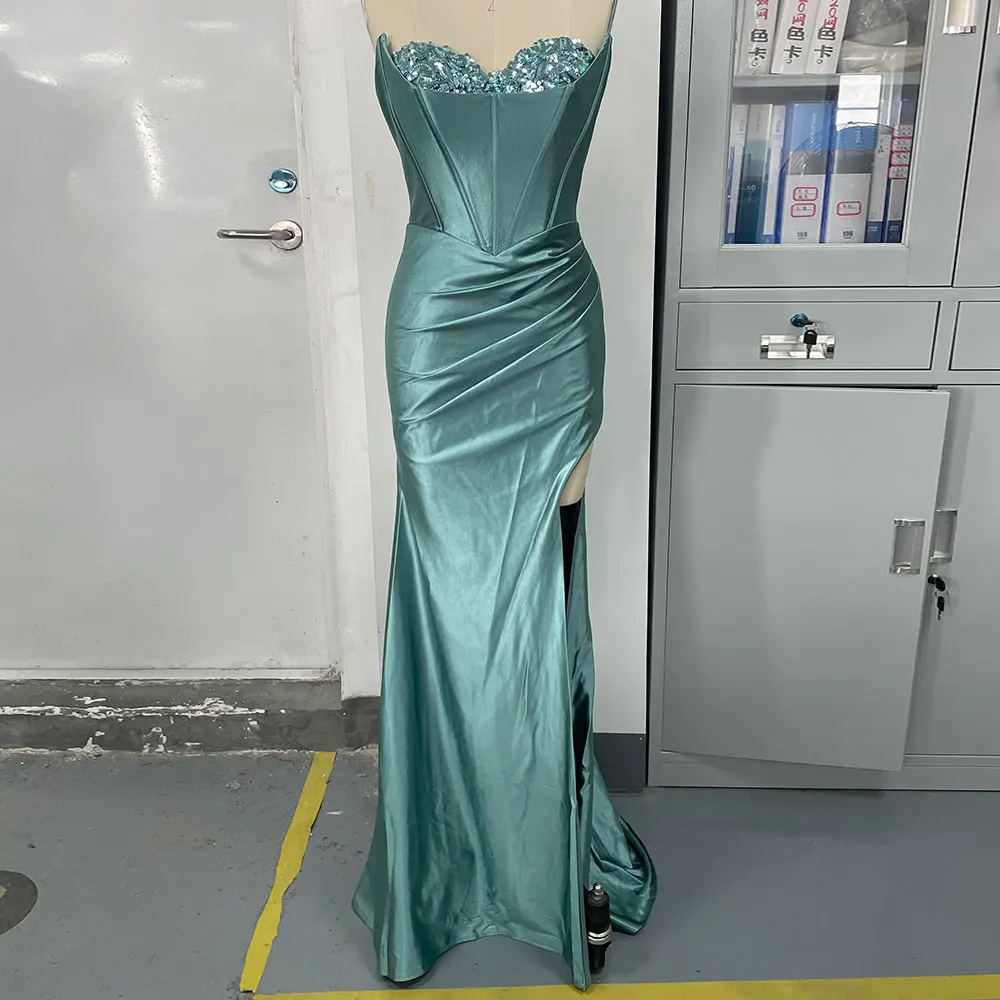 Luxury Beaded Mermaid Evening Gowns For Women Formal Sparkly Strapless Prom Dresses With Slit 2024 Long Birthday Party Dress