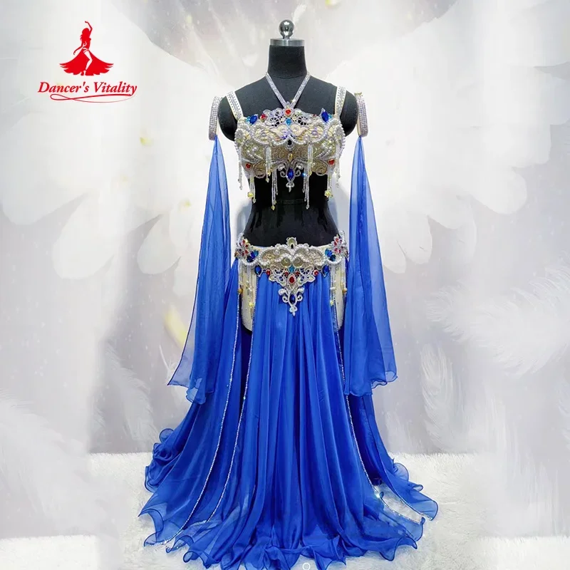 Belly Dancing Performance Set for Women Customized AB Stones Tassel Bra+Sexy Split Long Skirt 2pcs Oriental Dance Wear Outfit