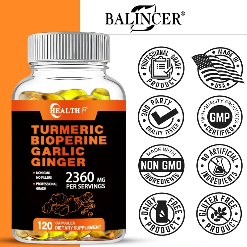 Turmeric Ginger Supplement with Pepperine 2360mg 4-in-1, Garlic Curcumin Black Pepper for Joints, Muscles, Digestion & Immunity