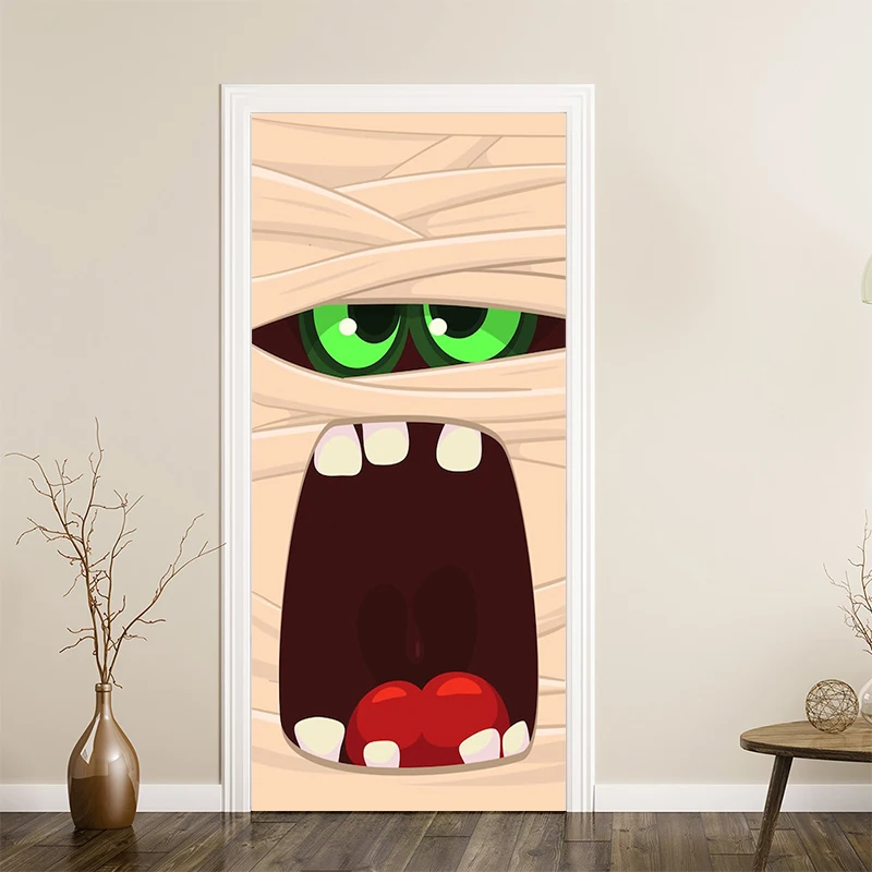 Halloween Mummy Monster Door Sticker Cartoon Big Mouth Self‑Adhesive Art Mural Self-adhesive Kitchen Refrigerator Wrap Stickerss