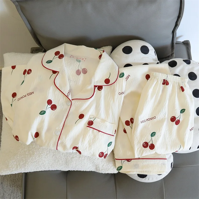 بيجامة كورية عصرية على الطراز المنزلي ملابس غير رسمية مطبوعة مكونة من قطعتين، بيجامة خريفية تشبه القطن سراويل نسائية ومجموعة علوية، بيجامات.