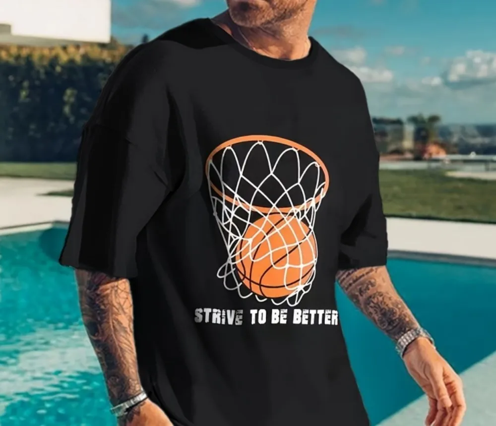 

New summer men's casual suit with letter basketball print pattern breathable round neck T-shirt and striped shorts