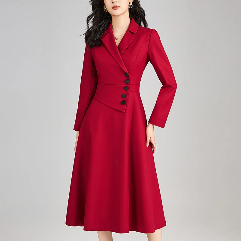 

Elegant Fashion Dresses For Women Spring Autumn Notched Collar Long Sleeve Women's Clothing Solid Office Lady Long Suit Dress