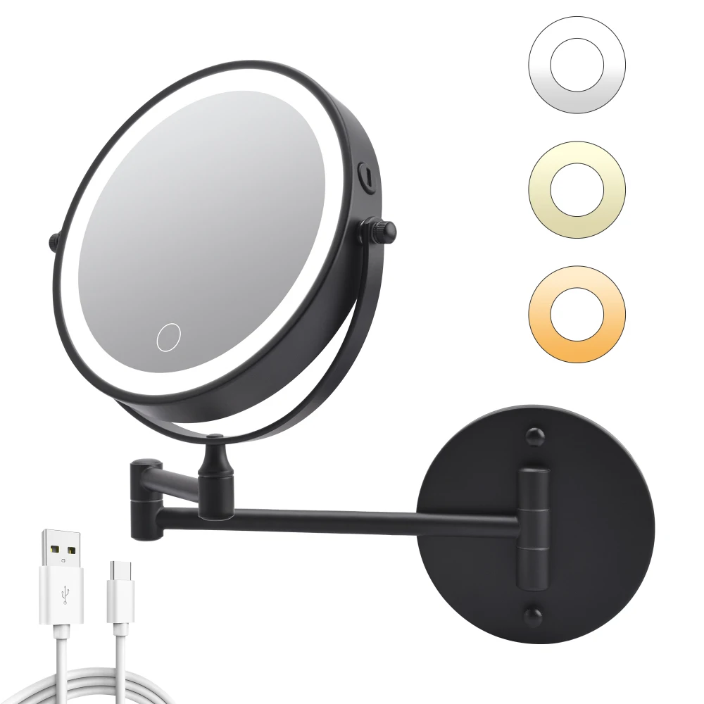 Orraves Rechargeable Wall Mounted Makeup Mirror 8'' Magnifying Mirror with Lights Double-Sided 1X/10  360° Rotation Extension Bathroom Shaving Mirror with Foldable Arm