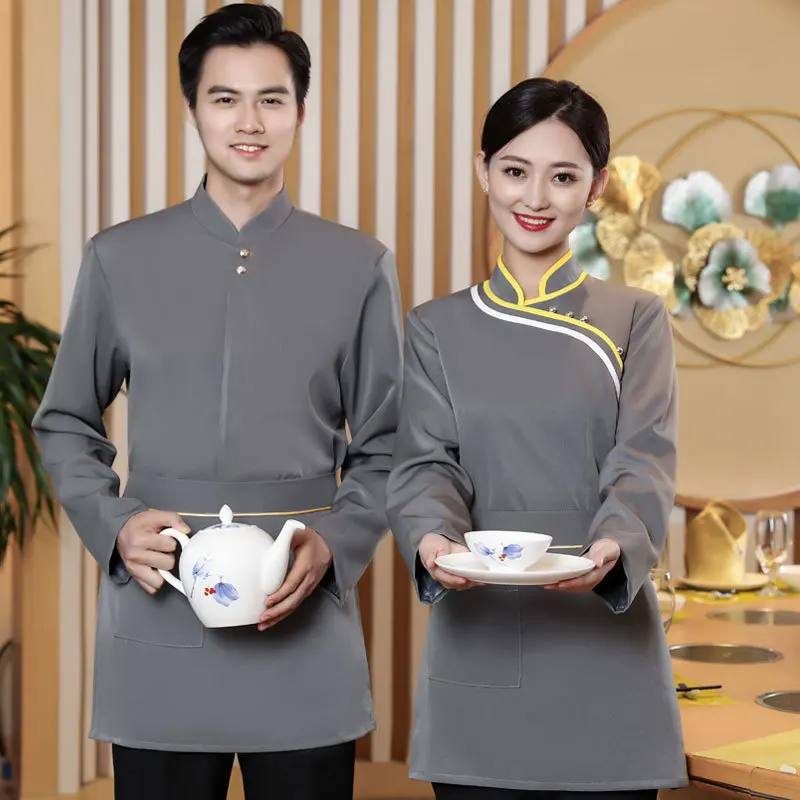 โรงแรมชุดทํางานฤดูใบไม้ร่วงฤดูหนาวผู้หญิงหม้อร้อนร้านอาหารบาร์บีคิวร้านอาหาร Tea House สไตล์จีน Waiter แขนยาว Unisex