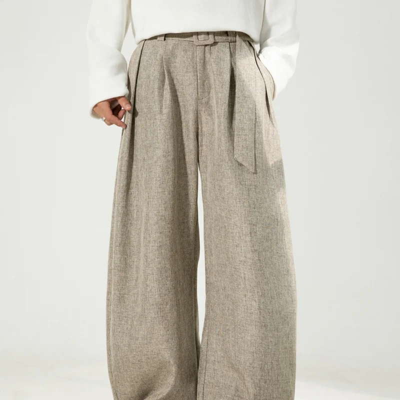 

3D Pleated Draped Scimitar Trousers Men's Autumn Style Loose Straight Long Pants Old Money Style Belt Casual Pants