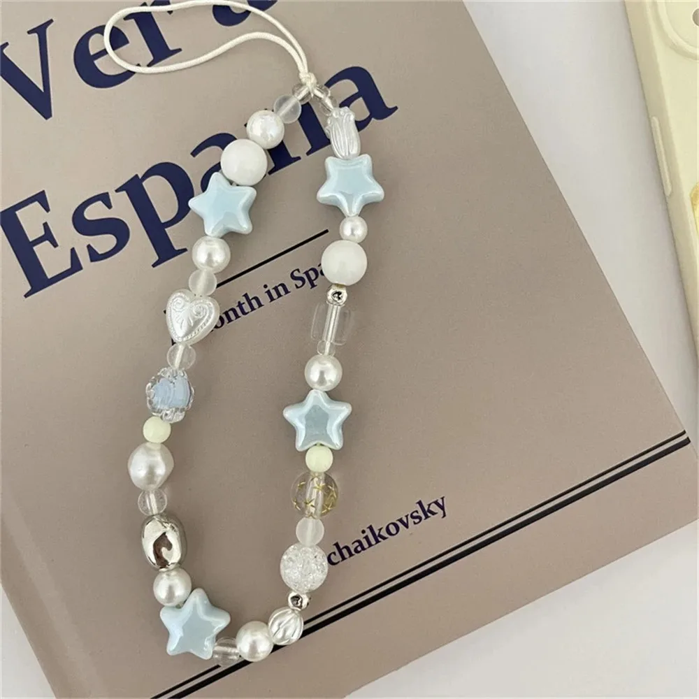 Cadena de teléfono con cuentas de perlas y estrellas coreanas, cordón colgante, dijes para teléfono, correa para teléfono, cordón móvil hecho a mano de verano, regalo de joyería