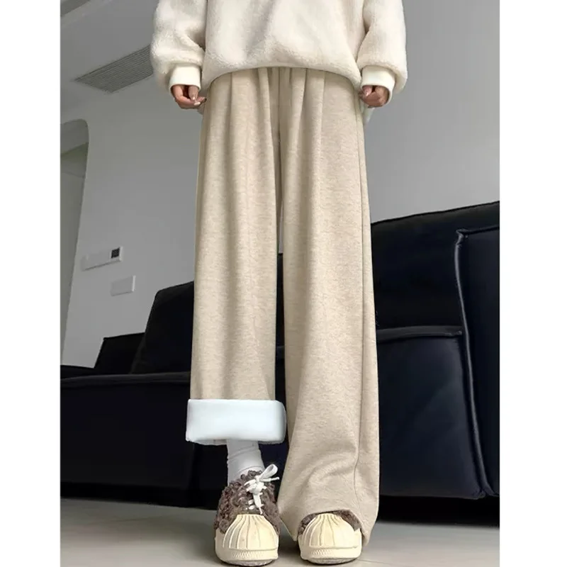 Calças de perna larga inbeige feminino inverno veludo duplo-deck estilo nórdico forro de veludo botões sherpa em relevo durável em camadas ins