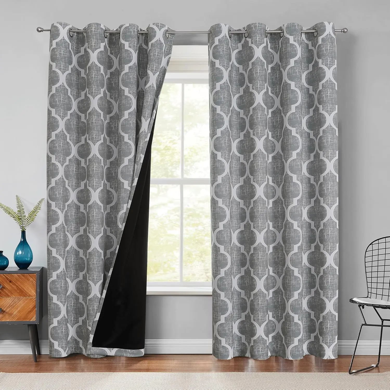 

100% Blackout Curtains 84 Inches Long 2 Panels for Bedroom Living Room Grey Moroccan Geo Room Darkening Thermal Insulate
