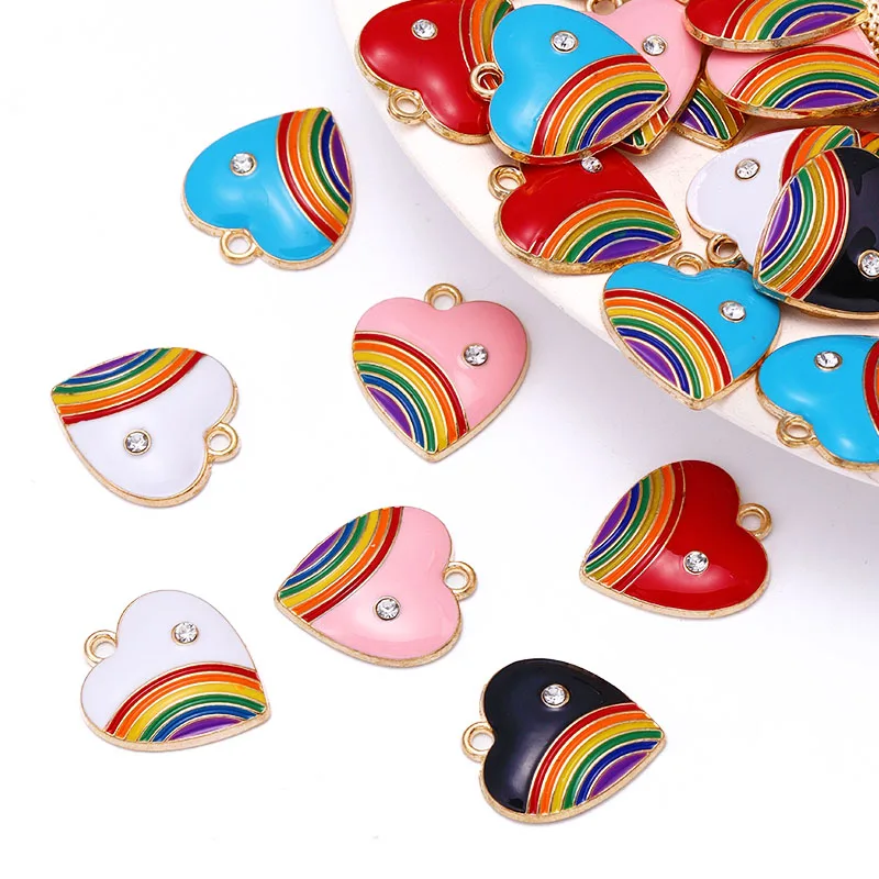 

10Pcs 18*20mm Rainbow Mixed Color Heart Pendant Women's Earrings Bracelet Necklace Enamel Charm DIY Jewelry Making Craft Supplie