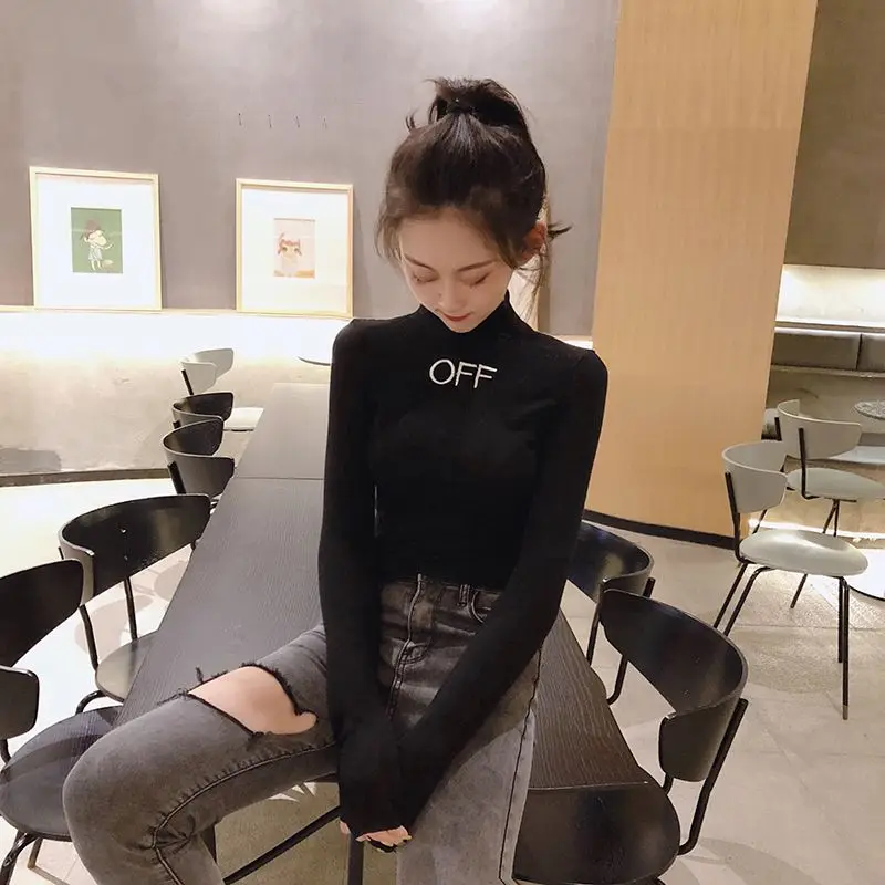 Women Autumn Korean Simplicity Slim Solid Color Mock Neck Long Sleeve T-Shirt Women Clothes Casual All-match Bottoming Shirt