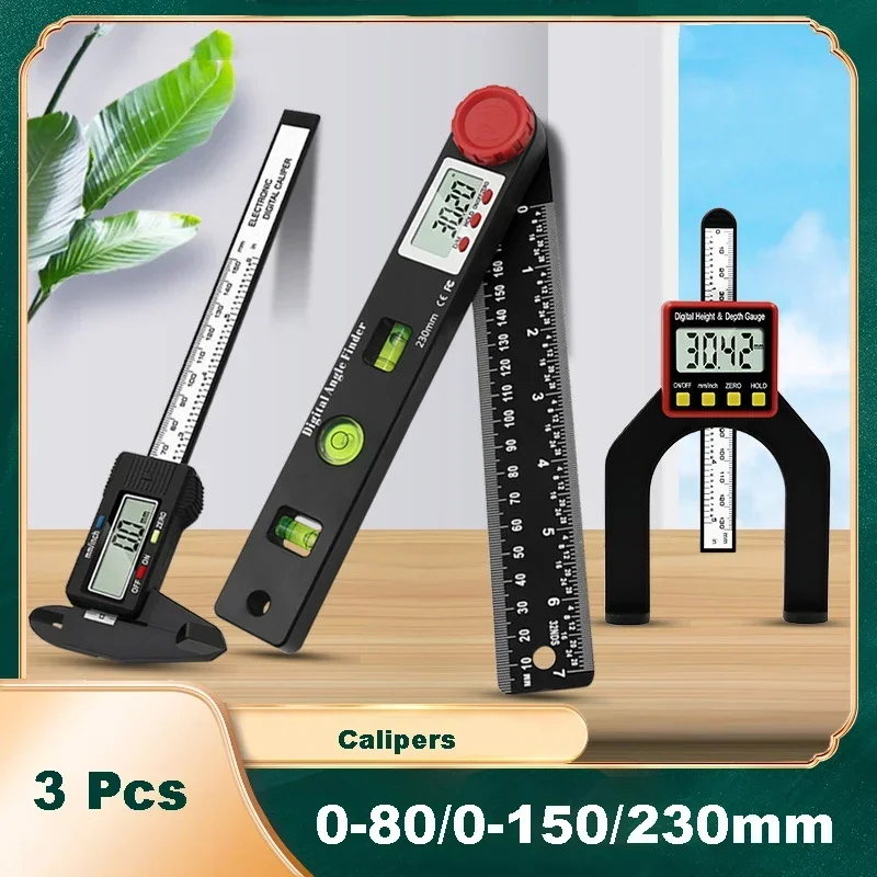 3Pcs Digital Caliper Level and Angle Ruler Height Ruler Depth Ruler LCD Display Multi-function Measuring Tool Woodworking Tool