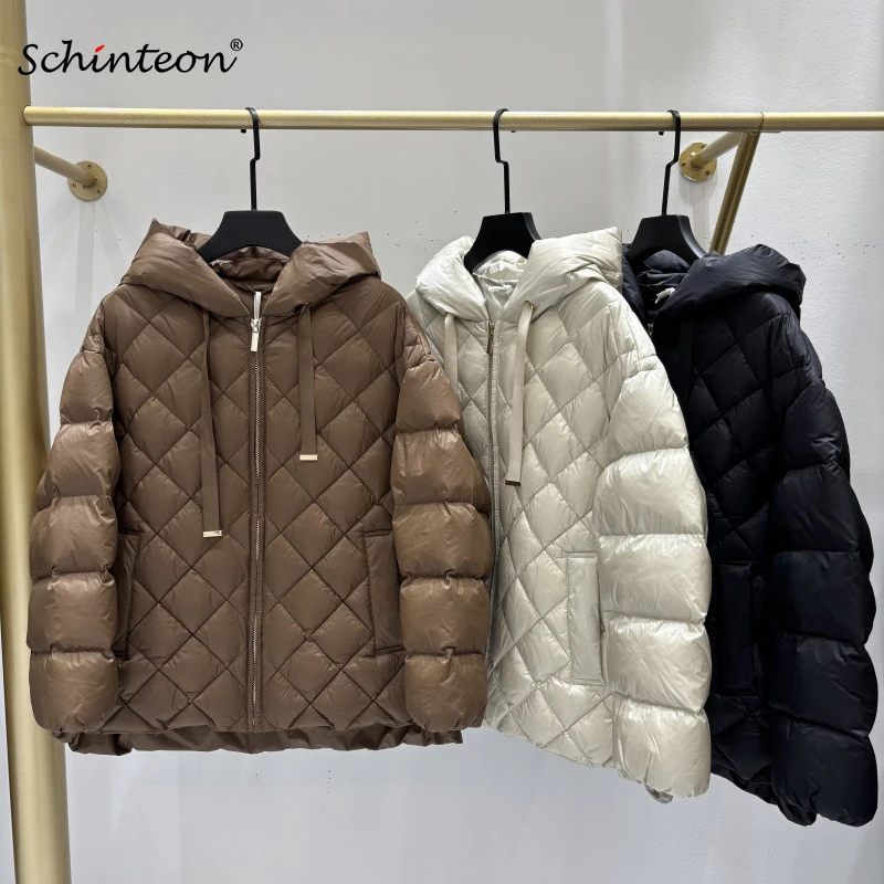 Schinteon jaqueta feminina de pato branco com capuz casual solto argyle quente outono inverno alta qualidade outwear 2025 novo casaco