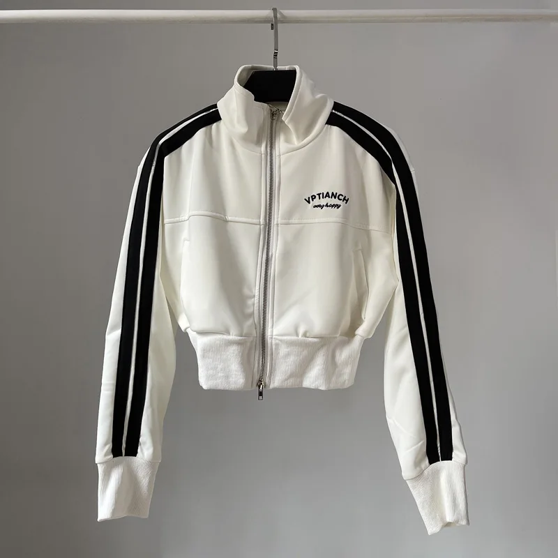 Autumn Double Zipper Baseball Cropped Jacket Women Outerwear Embroidered Striped Green Black White Blue Zip Up Sports Coat 2023