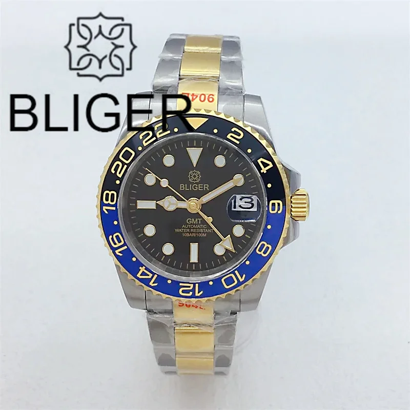 BLIGER 40mm GMT Watch For Men NH34A With Gold Index Bezel Sapphire Glass Black Dial Gold Text Two tone Gold Case Steel Strap