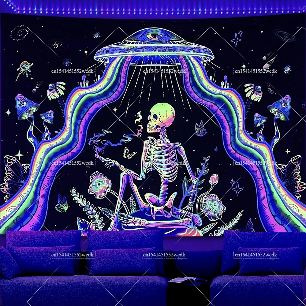 Skeleton Black Light Tapestry UV Reactive Trippy Galaxy Planets Neon Tapestry Mushroom Fluorescent Tapestries Aesthetic Backdrop