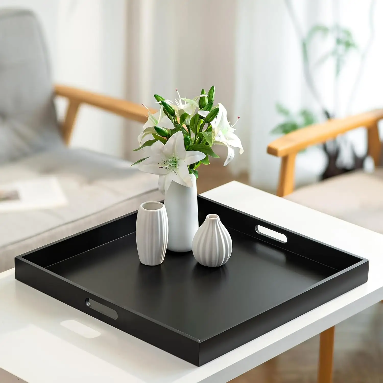 

Большой сервировочный поднос-оттоманка с ручками, современный черный деревянный декоративный поднос для кофейного столика и домашнего декора, 20 дюймов