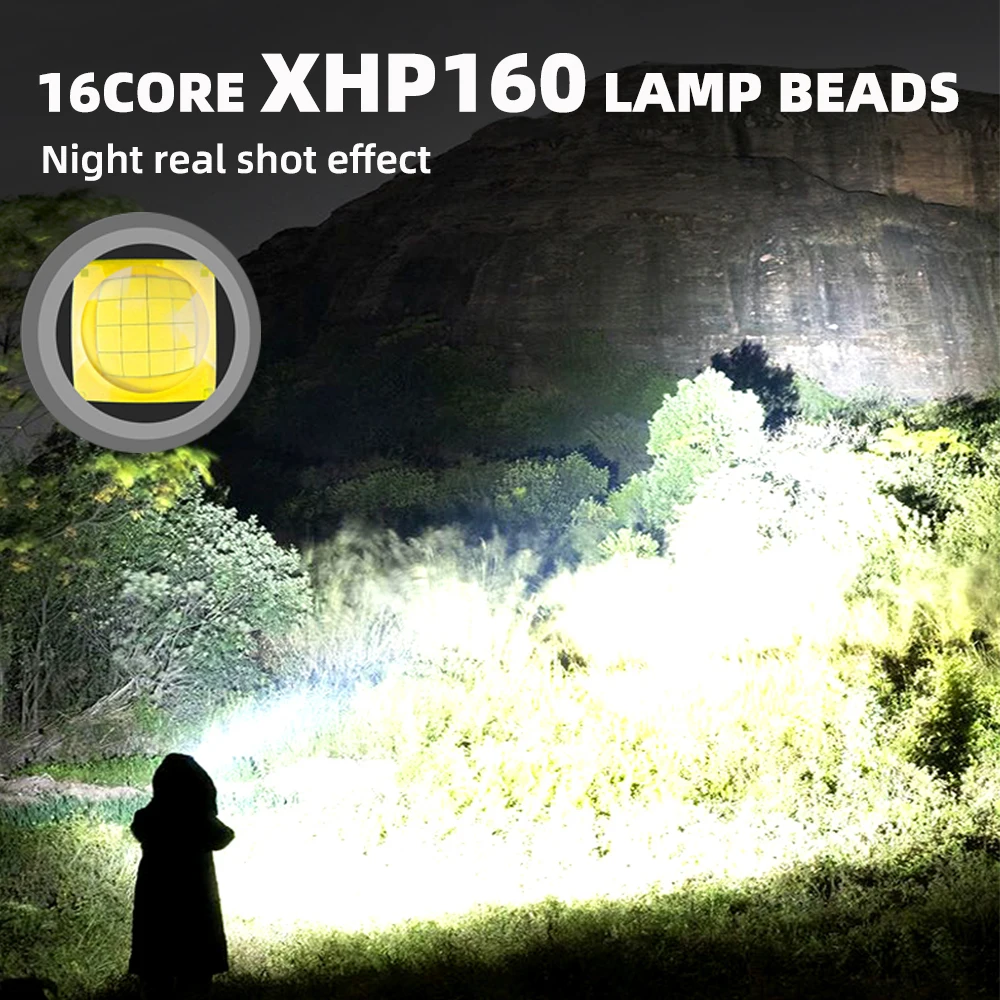 XHP160 Powerful LED Headlamp Fishing Headlight Rechargeable Lantern Zoomable 3 Lighting Modes for Expeditions, Hunting, Etc.