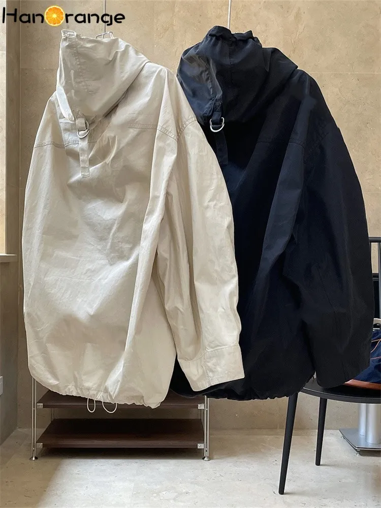 HanOrange 2025 lente herfst vrije tijd outdoor capuchon dames losse silhouet winddichte top zwart/beige