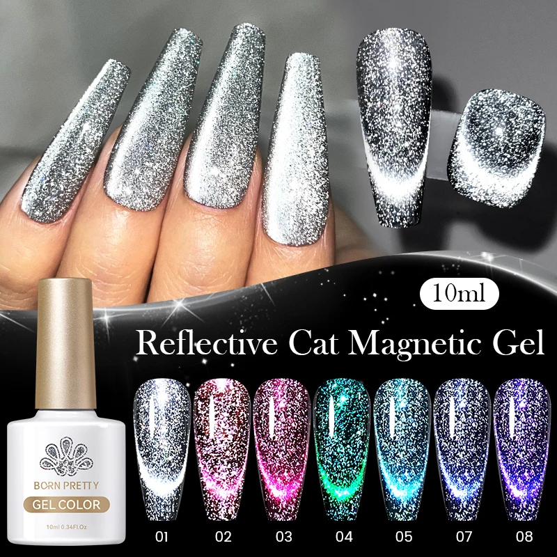 BORN PRETTY สะท้อนแสงแมวแม่เหล็กเจลเล็บ 10ML Silver Shinning Glitter Vernis กึ่งถาวร Soak Off Magnetic UV เจล