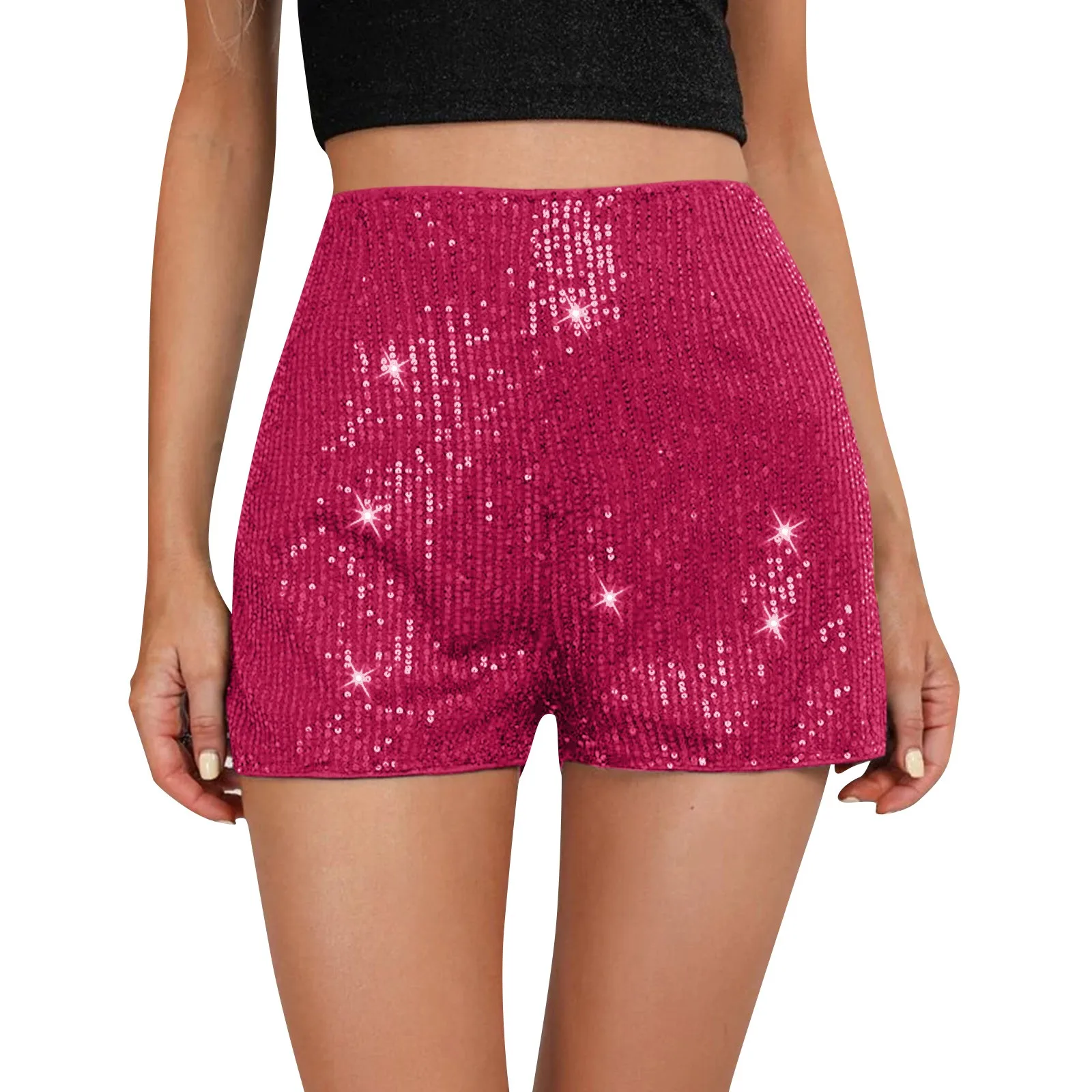 Women Sequins Shorts Summer Clothes Mid Waist Elastic Band Sparkly Glitter Hot Straight Leg Shorts Sexy Club Streetwear 2024