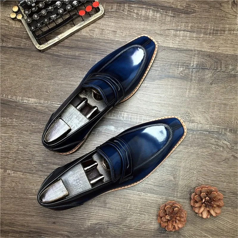 HNXC Genuine Leather Men Dress Shoes Office Wedding Blue Black Luxury Formal Loafers Man Slip On Patent Leather Oxford Man Shoes