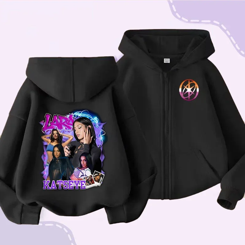 Girls Zip Up Hoodie Katseye Lara Graphic Hooded Sweatshirt Kids Long Sleeve Jacket Pocket Loose Kpop Streetwear Children Top