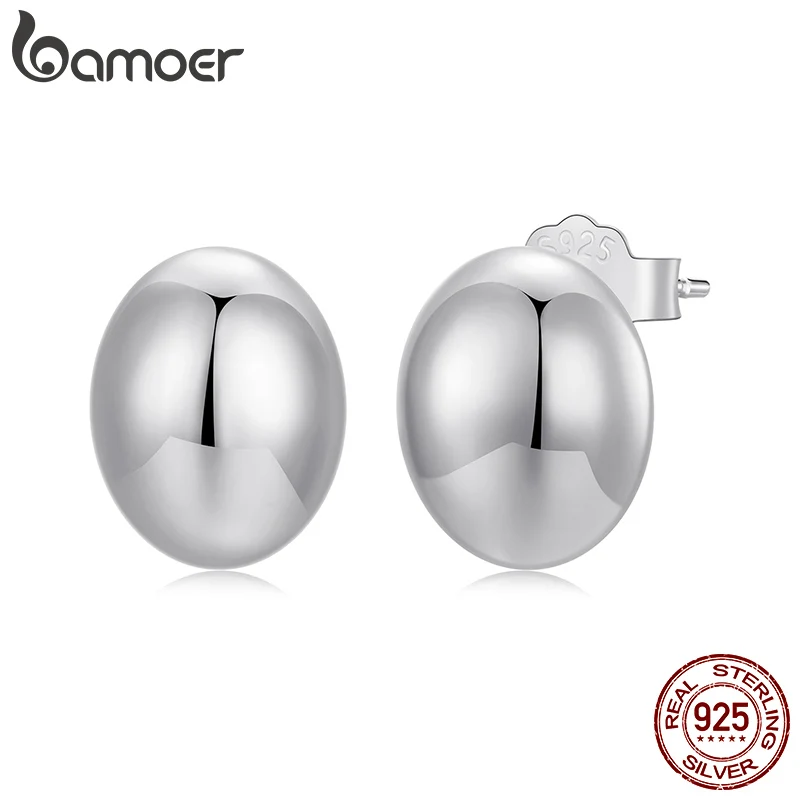 BAMOER Authentic 925 Sterling Silver Chunky Oval Earrings, Women Hypoallergenic Minimalist Lightweight Polished Trendy Jewelry