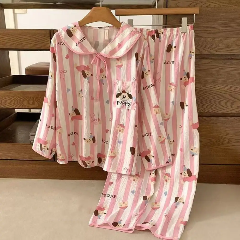 

Sweet Flip Collar Stripe Pajamas Set Penguin Dog Long Sleeves Pajamas Loose Casual Sweet Pajamas Suit Autumn Spring
