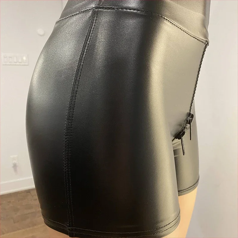 Faux PU Leather Biker Shorts Women High Waist Sexy Exotic Crotch Zipper Ladies Bodycon Hot Pants Clubwear Summer New Custom