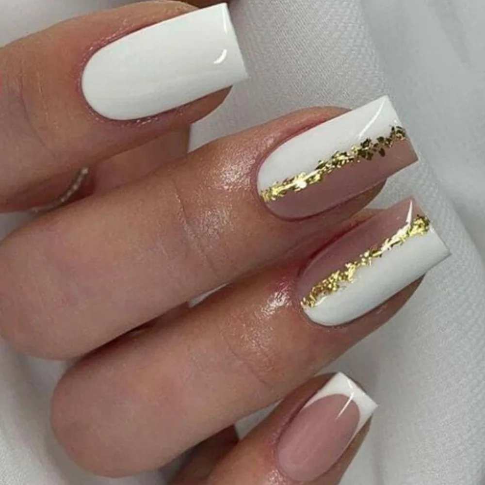 Faux ongles à paillettes blanches/noires, 24 pièces/ensemble, couverture complète, carré, ballet court, manucure française, N64.DIY