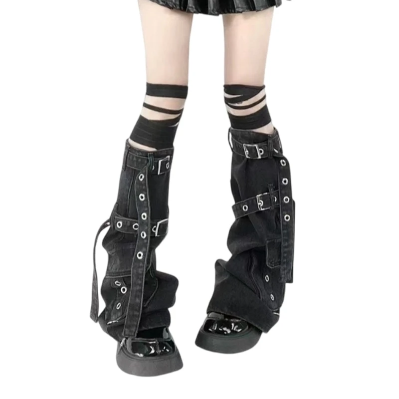 

Women Punk Flared Leg Warmer with Metal Buckled Denims Leg Sleeve Long Stockings Drop Shipping