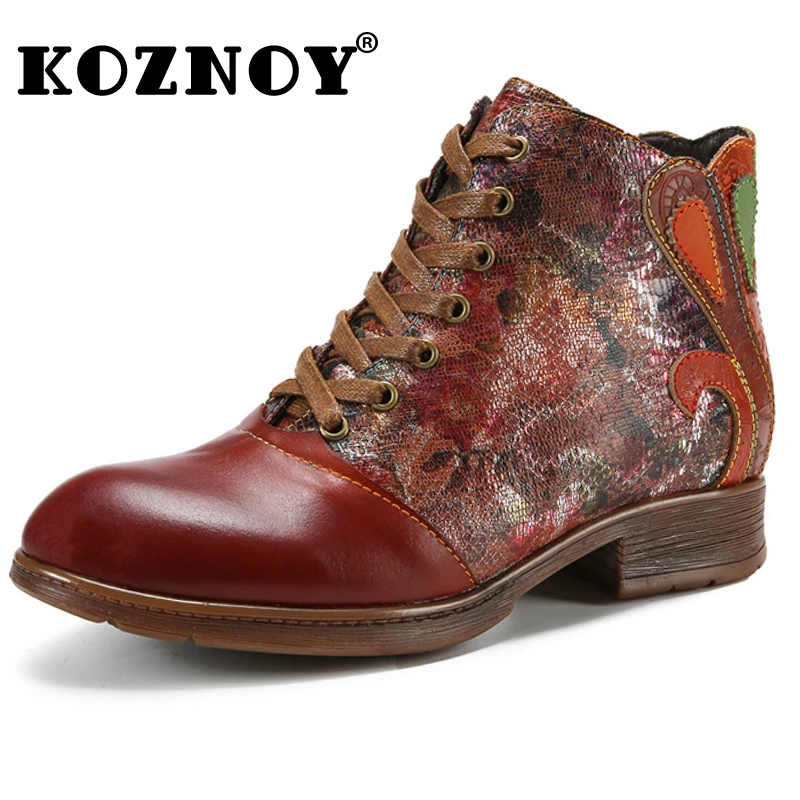 

Koznoy 3cm PU Print Genuine Plush Autunm Flats Comfy Warm Big Size Ankle Ethnic Leather Womans Boots Chunky Heel Spring Shoes