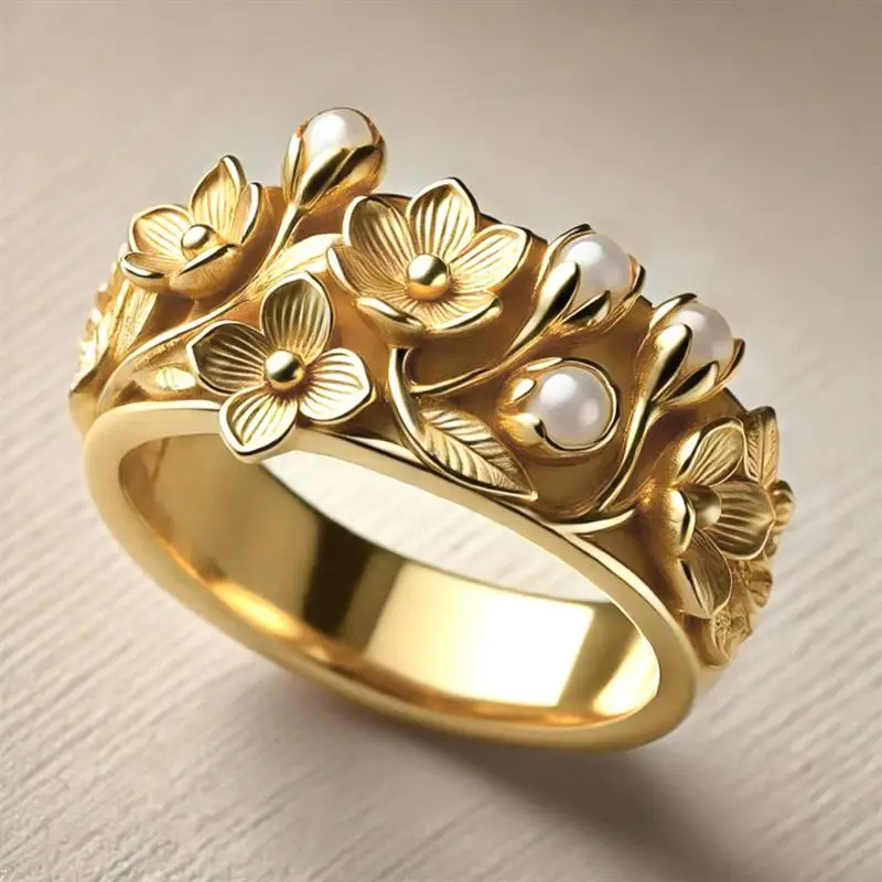 Huitan Vintage-Ring mit Blumenmuster und Perlen, breites Band, für Damen, geschnitzte Skulptur, elegante Hochzeit, stapelbarer Fingerschmuck, Geschenk