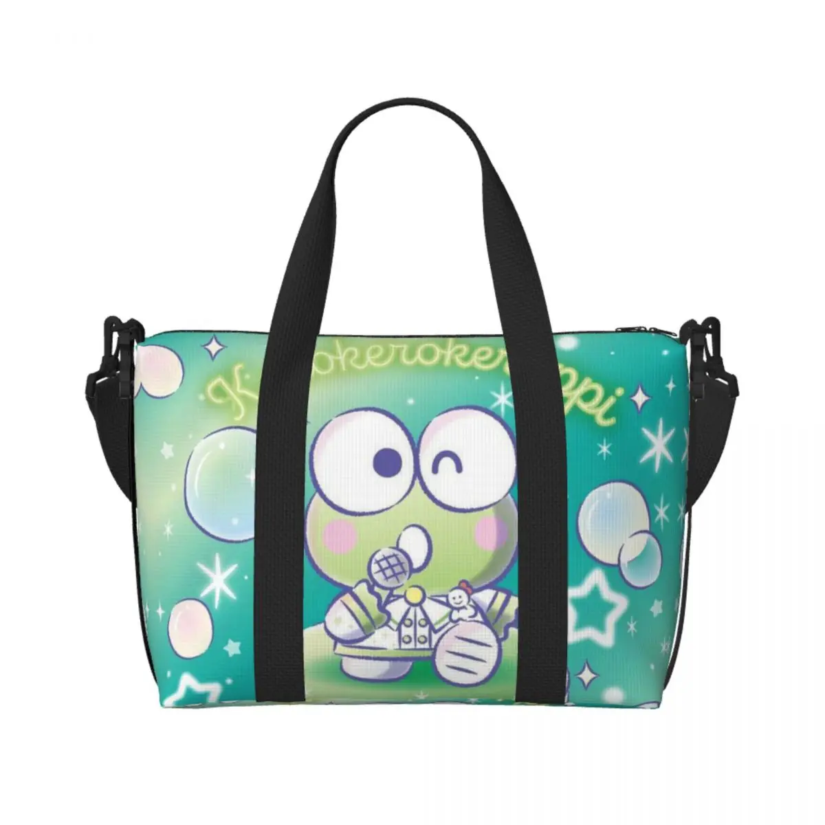 

Пляжная большая сумка Keroppi с большими глазами и лягушкой на заказ, женская очень большая спортивная сумка для ручной клади, очаровательные дорожные сумки для покупок с героями мультфильмов