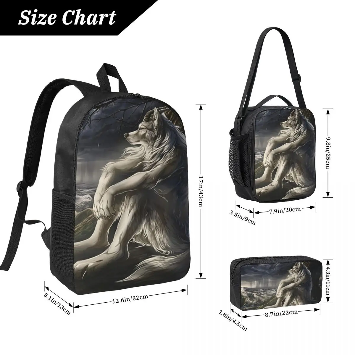 Emo White Wolf Sitting Sad Meme Backpack Student BookBag School Bag Shoulder Bags 3ps Insulated Lunch Bag Pencil Case - view 4