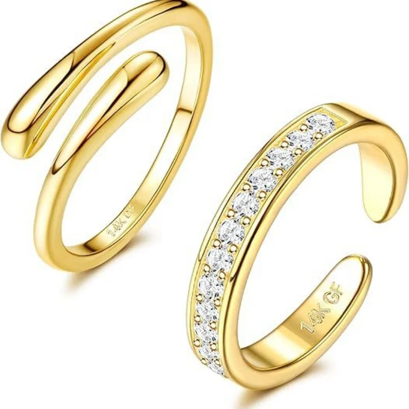 14K Gold-Plated Adjustable Zircon Foot Ring Two-Piece Set for Women During Summer Beach Vacation Toe Ring Jewelry Accessories view 2