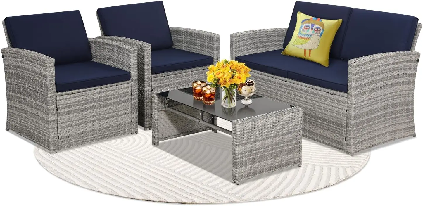 4-piece set of courtyard soft cushion furniture, segmented sofa with door strip, garden, backyard, gray rattan and blue cushion